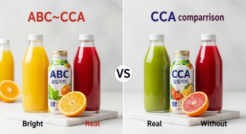 ABC 주스와 CCA 주스를 나란히 비교하는 컷