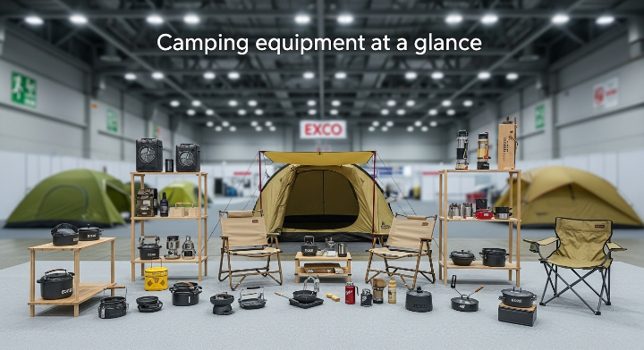 캠핑을 위한 다양한 제품들을 진열해 놓은 이미지입니다.