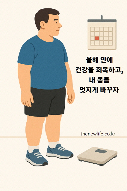 A slightly overweight man in workout clothes stands on a scale, looking at a calendar with determination — symbolizing a fresh start to get healthier this year./살짝 과체중인 남성이 운동복을 입고 체중계 앞에 서서 달력을 바라보며 결심하는 장면 – 올해 안에 건강을 회복하려는 새 출발을 상징함.