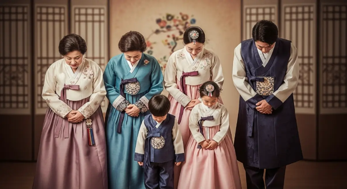 설 명절 후 인사 아이들 부모 한복입고 인사