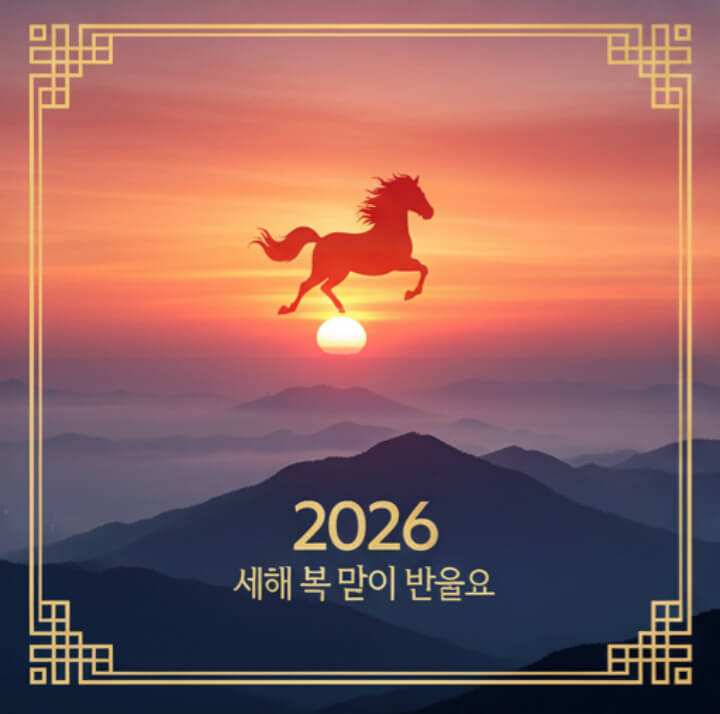 태양 위를 달리는 말 실루엣 2026년 새해 인사 카드