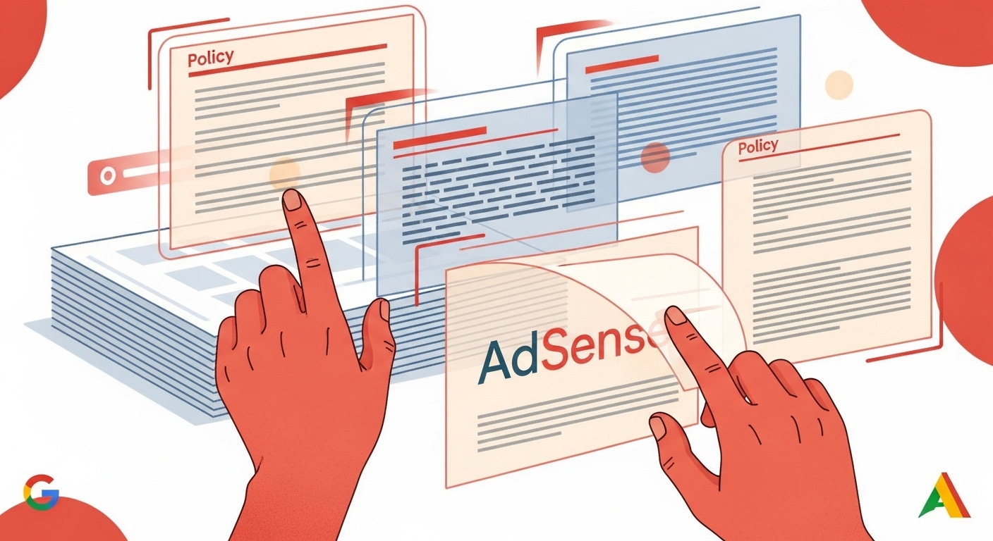 구글 애드센스 최신 정책(TCF v2.3)을 준수하며 디지털 자산을 안전하게 관리하는 모습을 상징하는 일러스트.