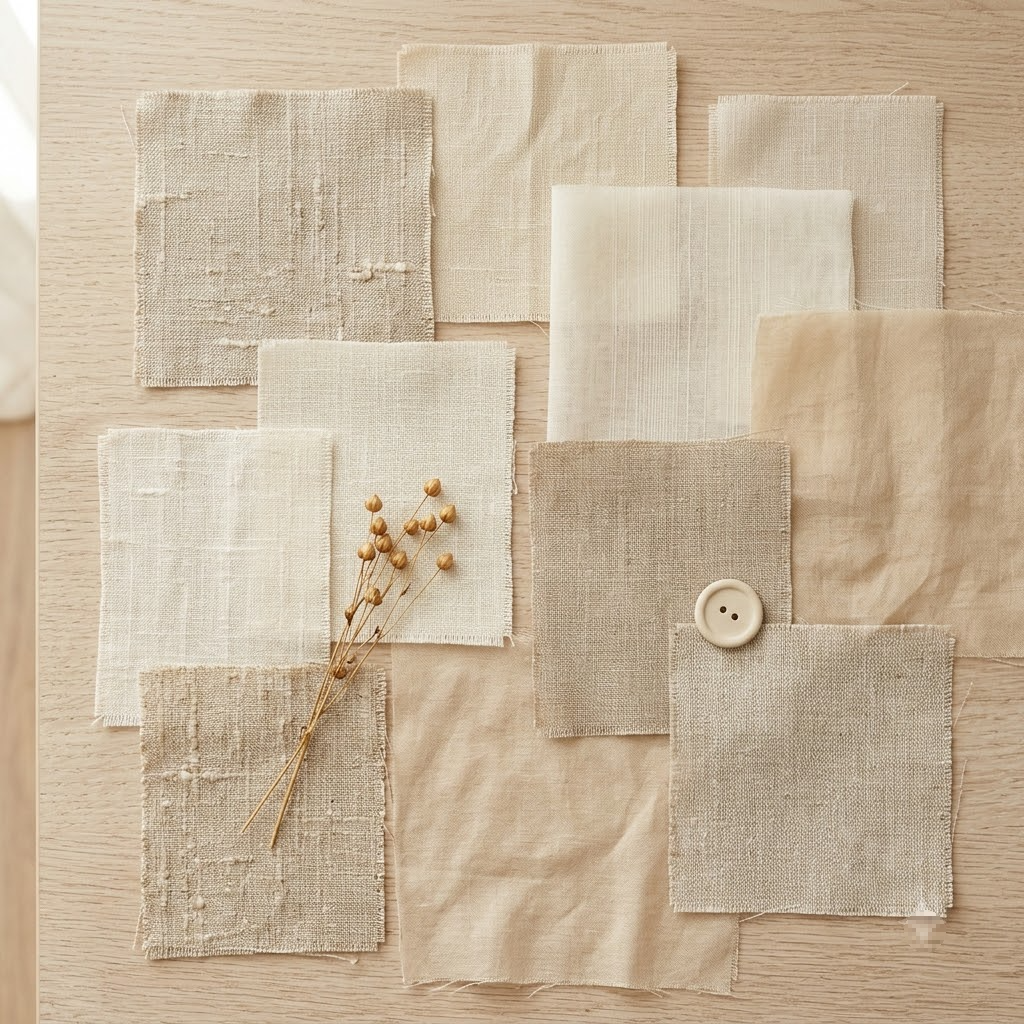 Close-up flat lay photo of linen and cotton voile fabric swatches in beige and cream tones, natural texture visible, soft daylight, minimalist styling, summer fashion material concept