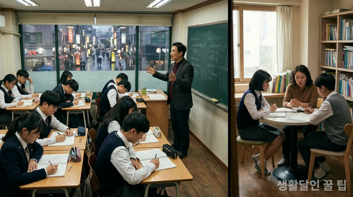 한국 학원에서 수업을 듣는 학생들과 열정적인 강사의 모습
