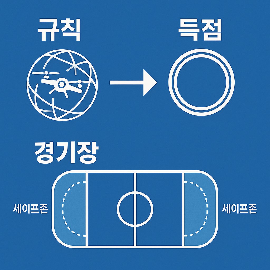 드론 축구 룰&middot;득점&middot;경기장 구조 인포그래픽