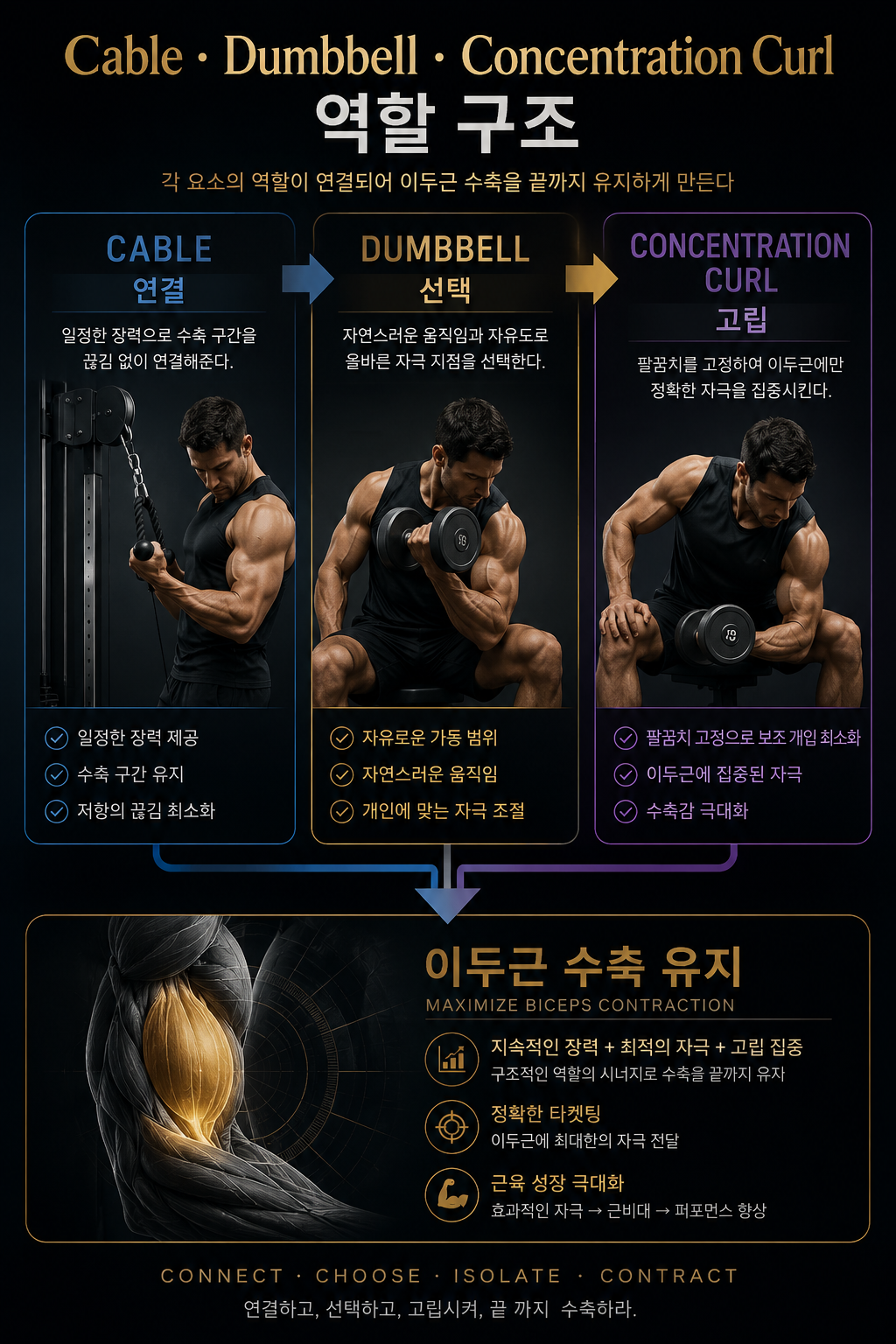 Cable · Dumbbell · Concentration Curl 역할 구조