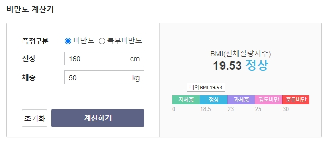 BMI 계산기에서 160cm, 50kg을 입력 시 정상 체중으로 표시된 결과