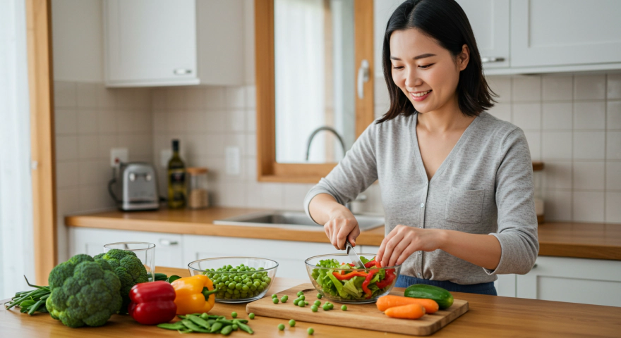 완두콩이 담긴 건강한 샐러드를 준비중인 여성