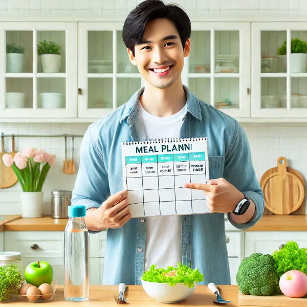 주간 식단표를 들고 미소 짓는 젊은 동양 남성