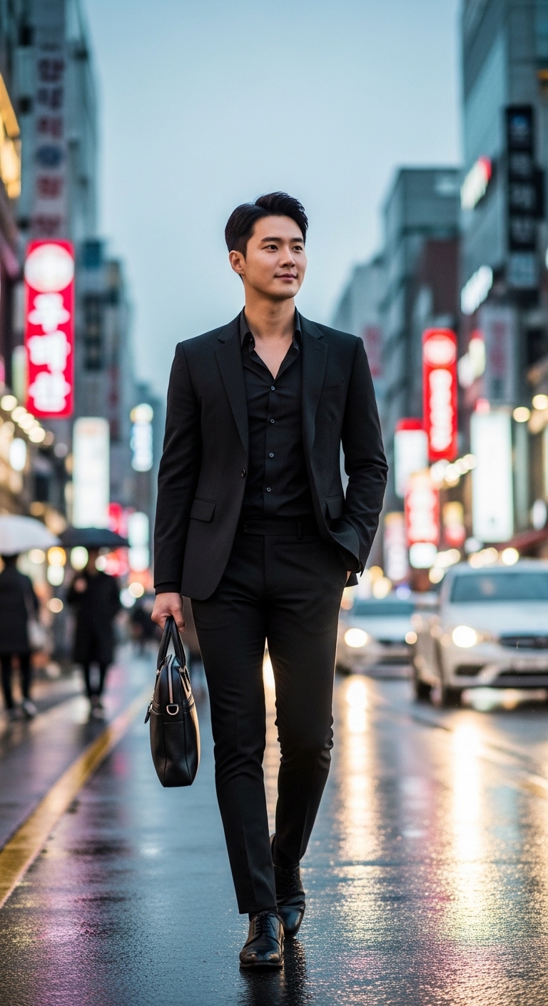 시크한 올블랙 수트를 입은 모델이 도심 거리를 걷는 모습