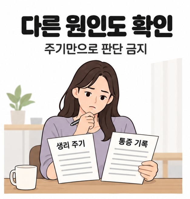다른 원인도 확인 문구 아래 여성이 생리 주기와 통증 기록이 적힌 두 종이를 함께 살펴보는 모습