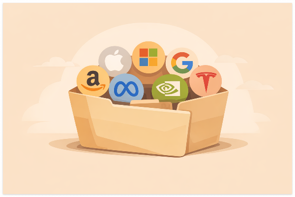 MAGS ETF가 미국 대표 빅테크 7개를 한 바구니에 담는 구조를 표현한 일러스트