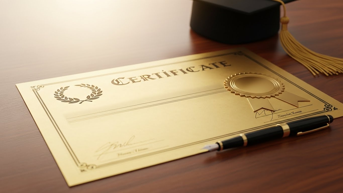 국가기술자격증 합격과 자격증 발급을 상징하는 황금색 상장 이미지