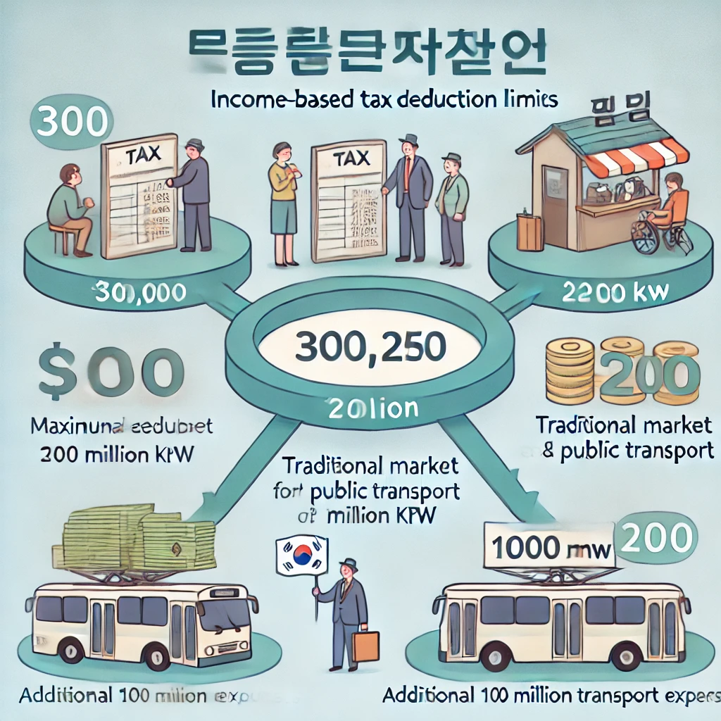 소득 구간별 공제 한도를 설명하며 300만 원&amp;#44; 250만 원&amp;#44; 200만 원의 최대 공제액을 보여주는 인포그래픽 