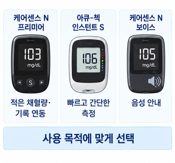 케어센스 N 프리미어와 아큐첵 인스턴트 S, 케어센스 N 보이스의 특징을 비교한 이미지