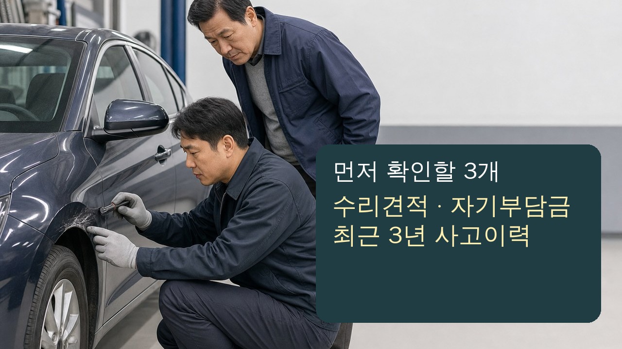 자동차 수리견적과 자기부담금을 정비소에서 먼저 확인하는 장면