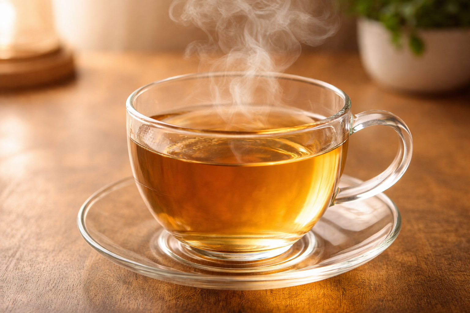 김이 모락모락 나는 투명한 유리잔에 담긴 따뜻한 물과 건강한 아침 습관 이미지