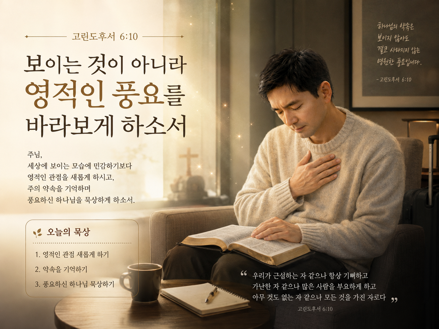고후 6:10 말씀에서 세상에서 보이는 것이나 나타나는 것과 영적으로 표현되는 것이 전혀 다르고 어떤 면에서는 정반대임을 생각할 때 세상적으로 나타나는 것에 민감할 것이 아니라 영적인 관점을 새롭게 하고 그 약속을 상기하며 풍요하신 하나님을 묵상하는 시간을 갖는 모습입니다.