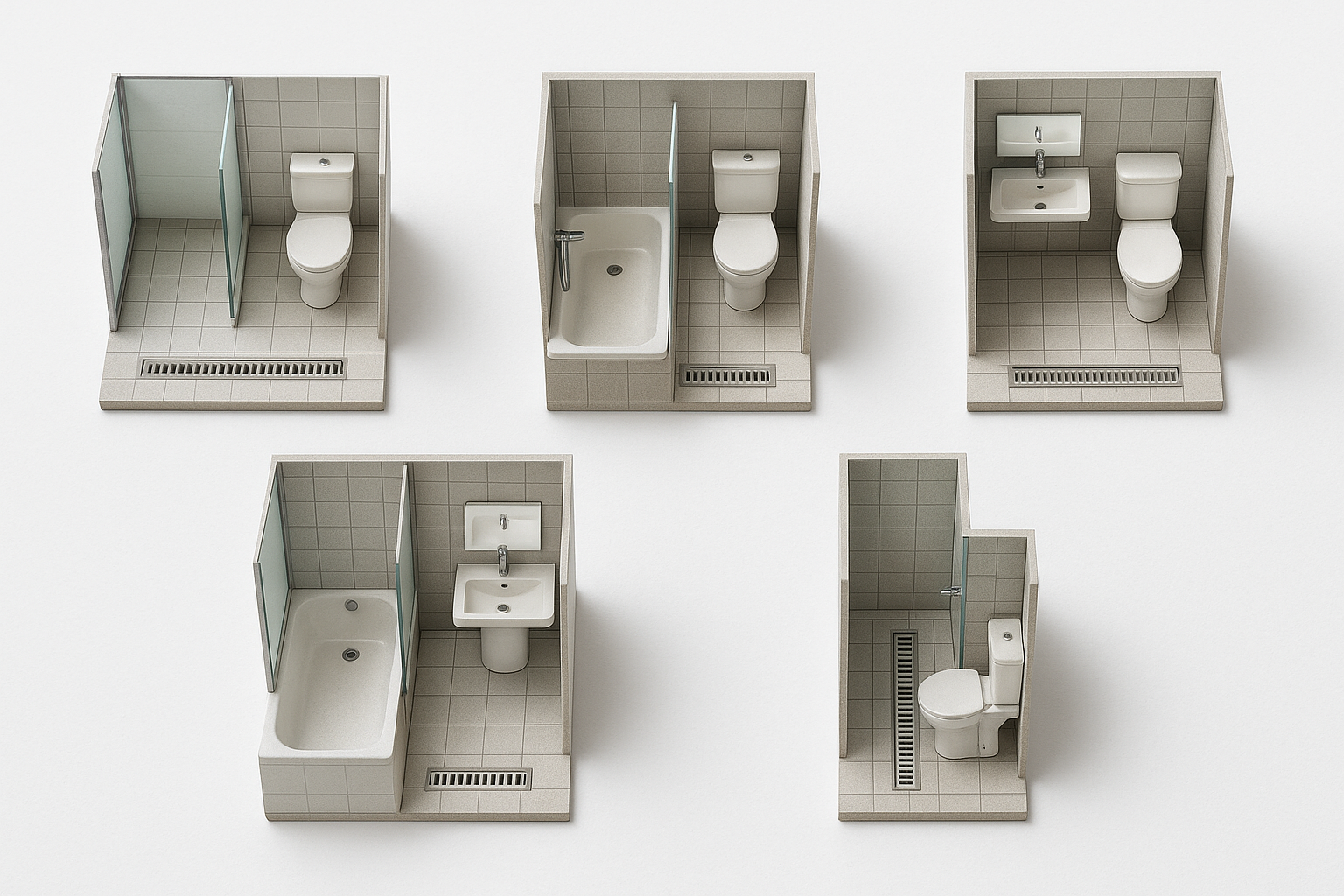 1열형·L형·대면형·욕조겸용·초미니형 등 소형 욕실 레이아웃 5종을 한 프레임에 배치한 플랫레이.
