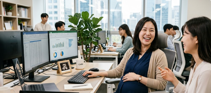 한국인 여성 임산부가 사무실(직장)에서 즐겁게 근무하고 있는 이미지