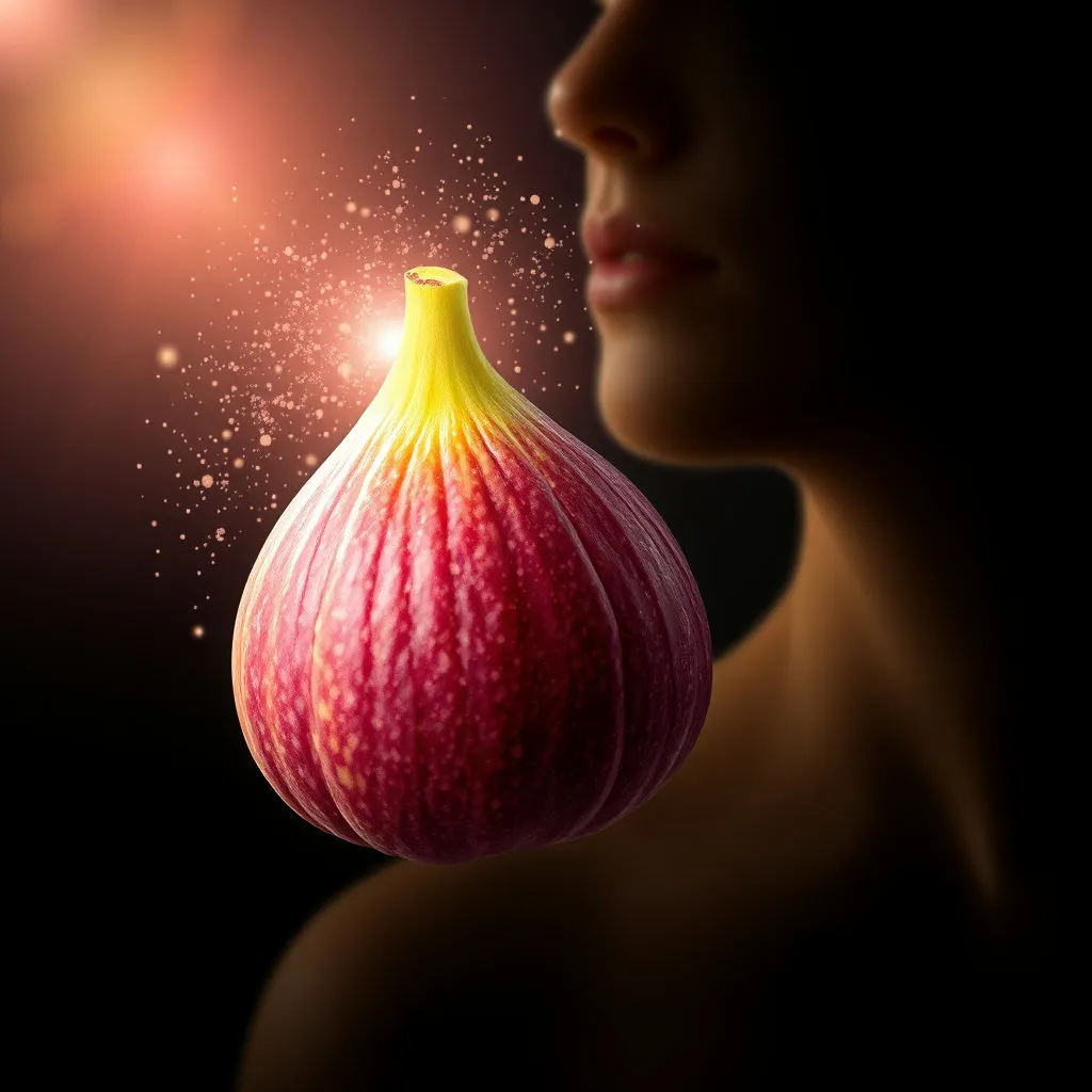 싱그러운 무화과 열매 옆에 탄력 있고 건강한 피부를 가진 사람의 실루엣이 보이도록 연출합니다. 무화과에서 작은 빛의 입자들이 퍼져 나와 사람의 피부를 감싸는 듯한 효과를 주어, 젊음과 활력을 상징적으로 표현합니다.