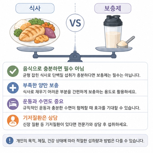음식으로 단백질을 충분히 먹는 경우 보충제가 필수는 아니며 운동과 식사, 수면을 함께 관리해야 함을 보여주는 그림