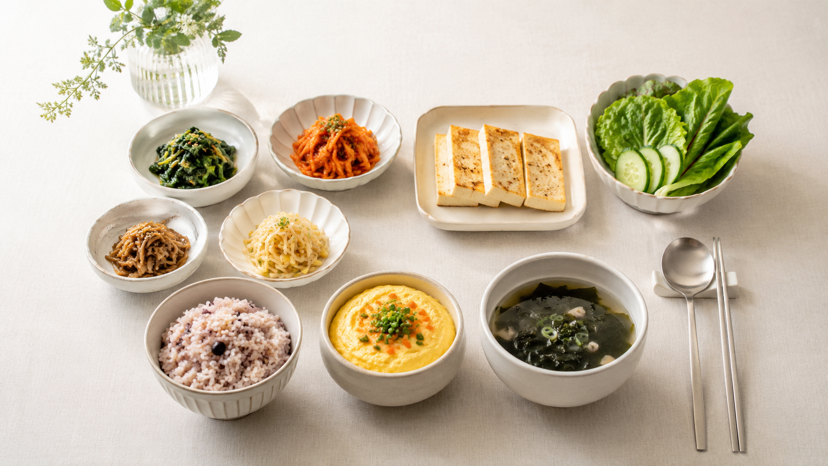 잡곡밥, 달걀찜, 구운 두부, 신선한 채소와 나물이 균형 있게 놓인 한국식 건강 아침 상차림