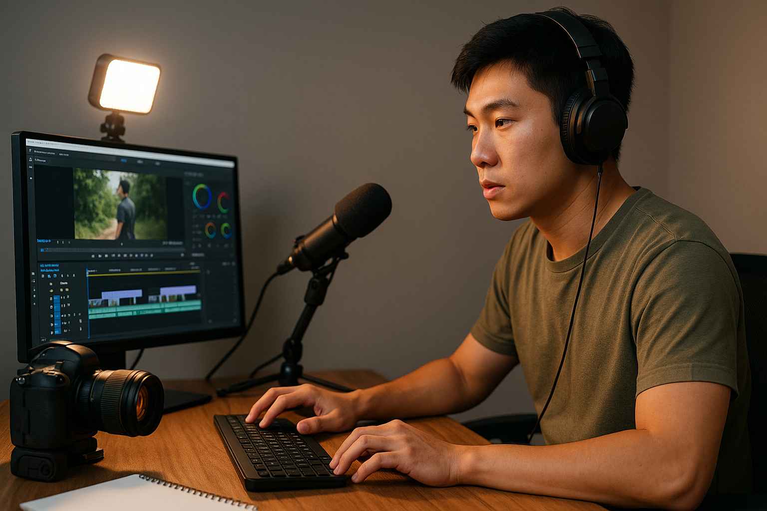 영상 편집 작업 중인 동양인 유튜버, 조명과 카메라 장비가 갖춰진 콘텐츠 제작 환경입니다