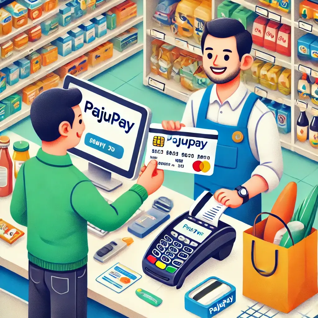 마트에서 파주페이 카드를 사용하는 남자의 실용적인 모습.