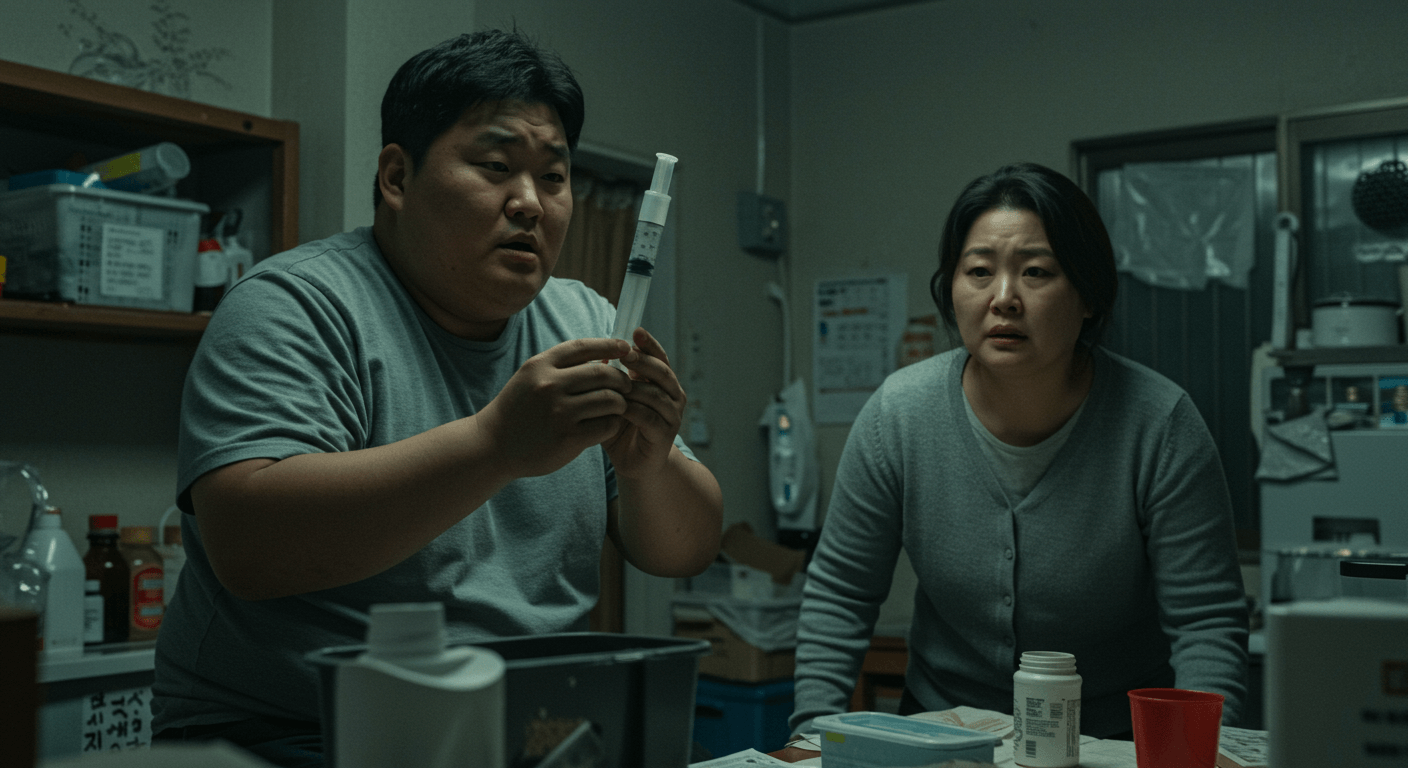 비만 환자 두 명이 집에서 주사를 나눠 맞으려 고민하는 장면 3