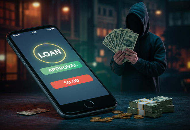 대출 승인 알림이 뜬 스마트폰 화면, 그 뒤의 해커의 모습