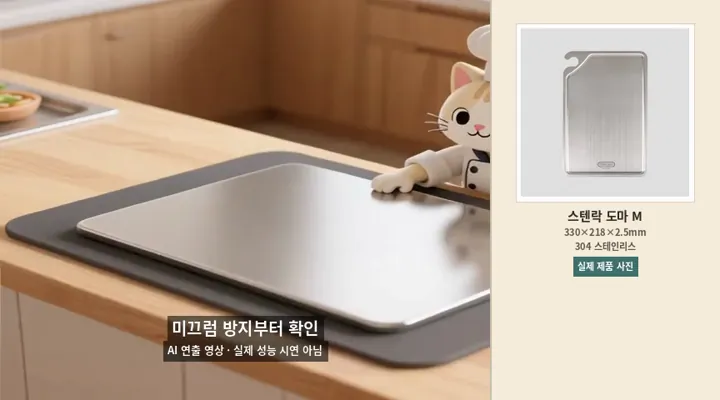 젖은 조리대와 미끄럼 방지 매트 위치를 확인하는 약 5초 AI 연출 애니메이션, 오른쪽은 실제 상품 사진 고정 패널