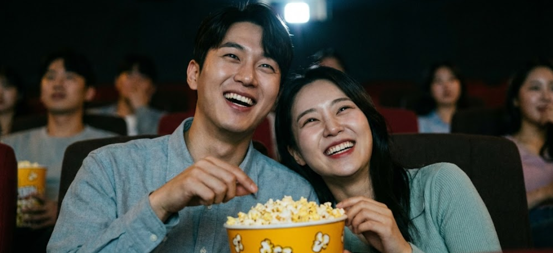 문화누리카드로 영화를 관람하며 즐겁게 웃고 있는 남녀