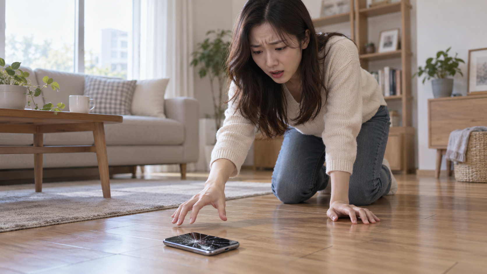 거실 바닥에 떨어져 액정이 깨진 핸드폰을 보고 놀란 여성