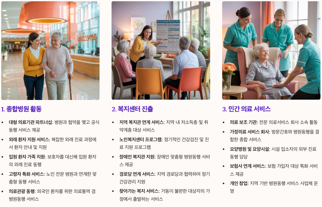 병원동행매니저 활용 분야 - 종합병원, 복지센터, 민간 의료 서비스 정리 이미지