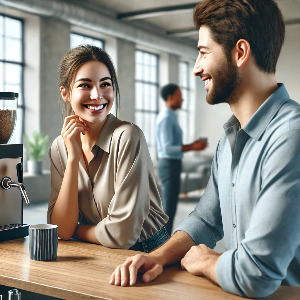 회사 동료 혹은 동호회에서 자주 마주치는 남녀가 커피 스테이션 근처에서 자연스럽게 미소를 주고받는 장면 (친근한 분위기 연출)