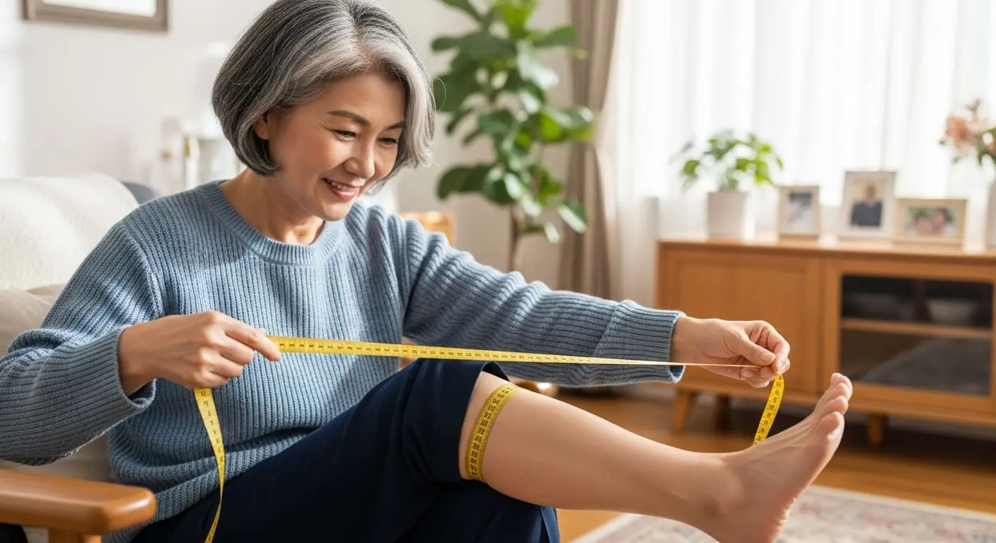 종아리 둘레를 측정하며 근감소증 자가 진단을 하는 노년 여성의 모습