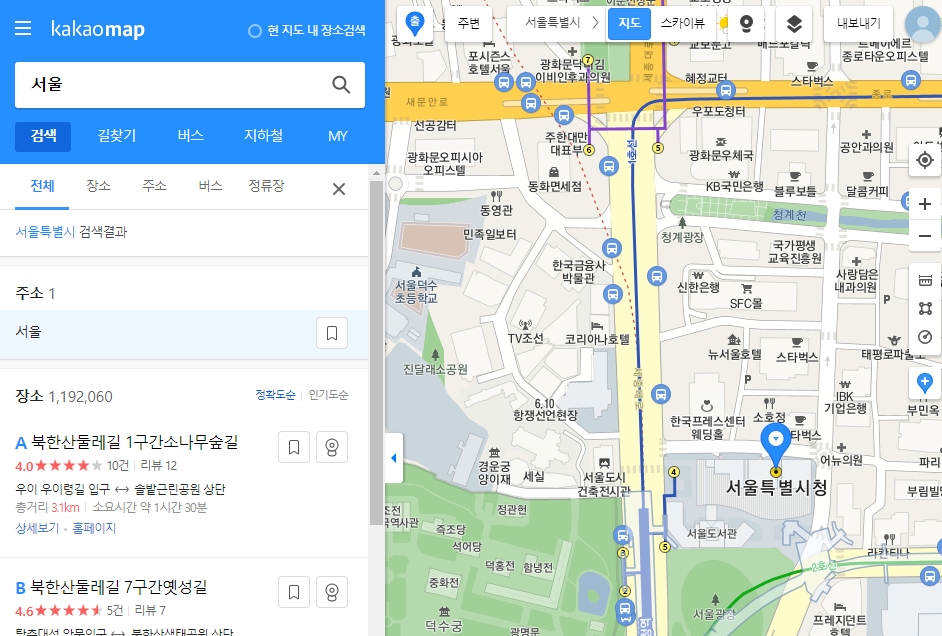 카카오맵을 확대하여 특정 지역의 상세 정보를 보는 모습