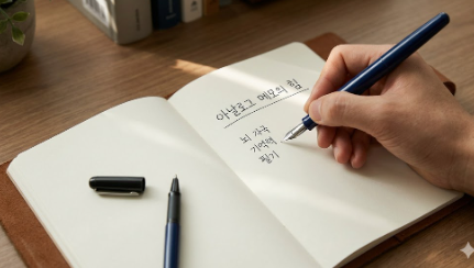 디지털 기기 대신 종이 수첩 위에 만년필을 사용하여 손으로 아날로그 메모를 작성하는 모습. 필기가 뇌에 인지 능력과 기억력에 미치는 긍정적인 자극을 상징적으로 표현함.