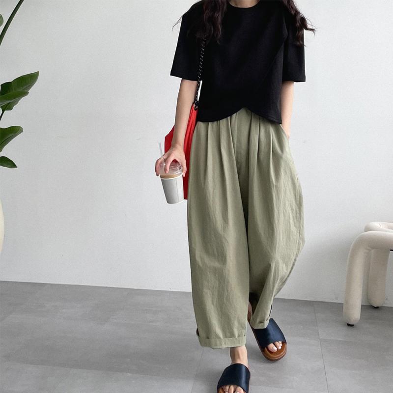 여름 통바지 배기 핀턱 와이드 팬츠 코튼 고무줄 항아리 바지 여성 린넨 바지
