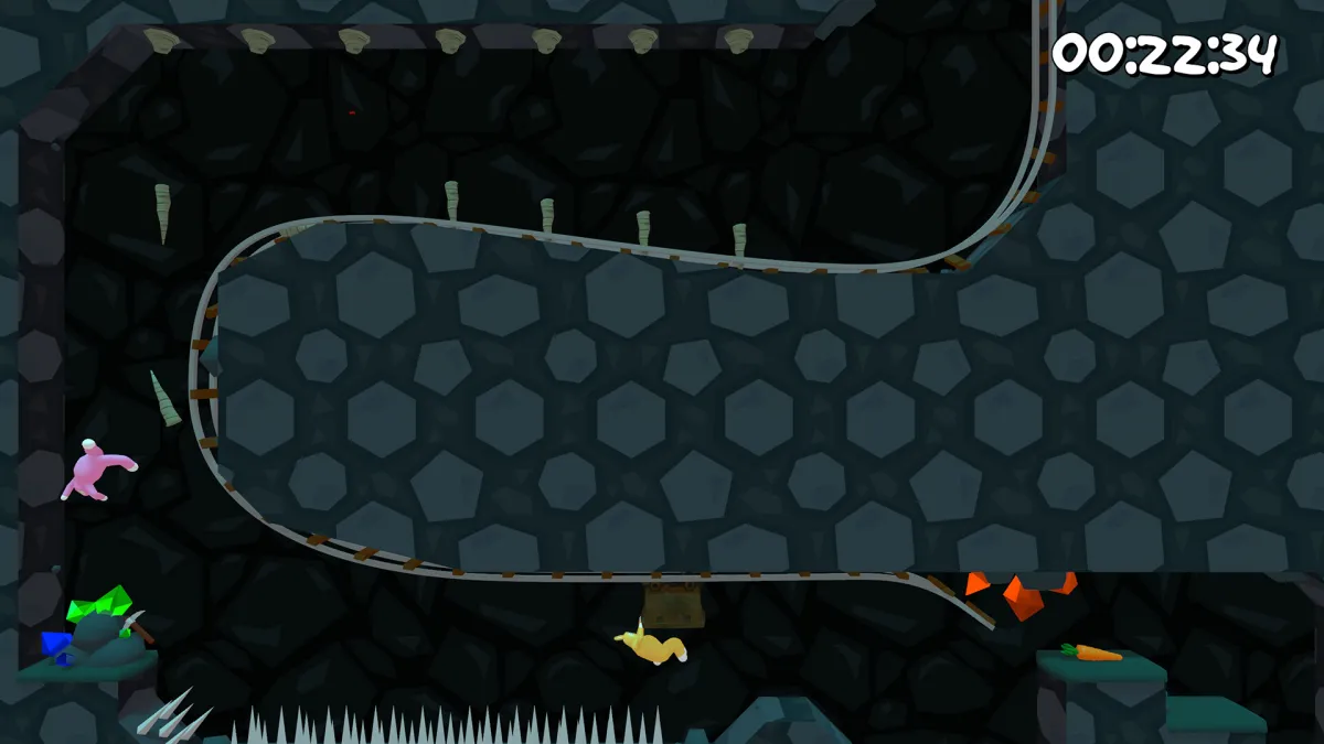 종유석이-떨어지는-동굴에서-분홍색-노란색-캐릭터가-고군분투-하고-있다