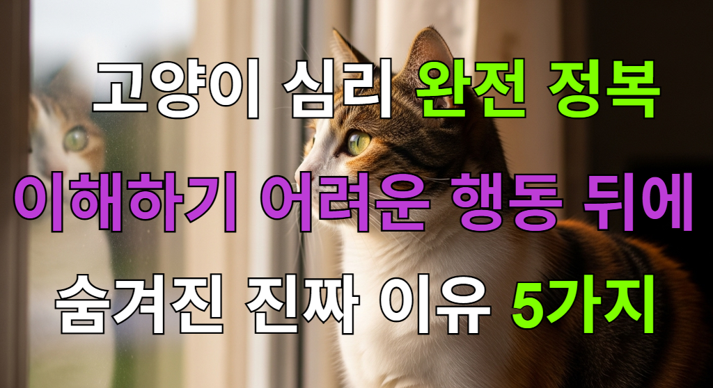 창밖을 바라보며 깊은 생각에 잠긴 삼색 고양이의 모습.