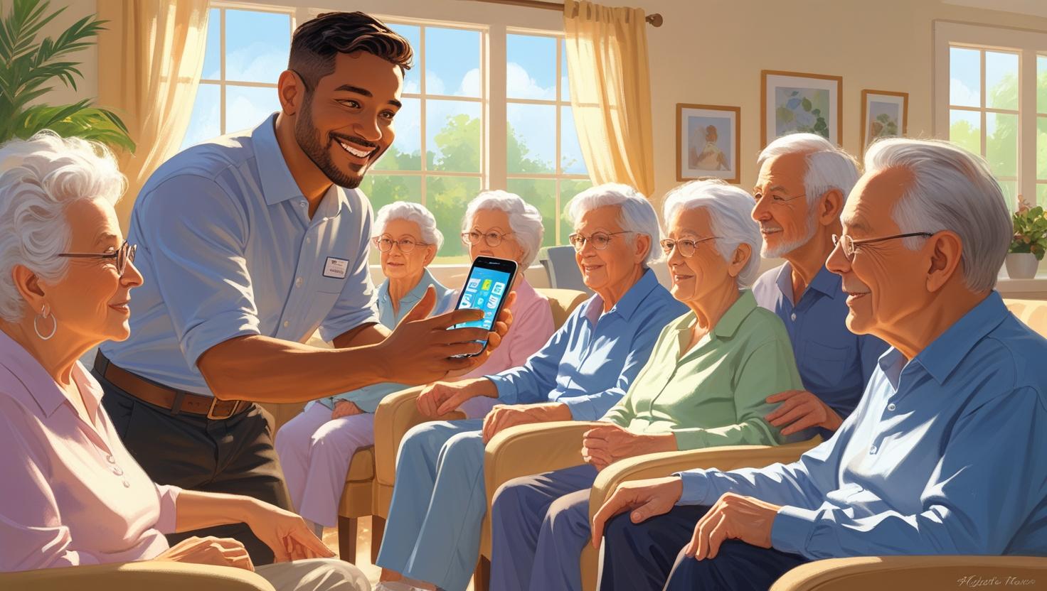 경로당에서 스마트폰 기능을 설명해주는 사람