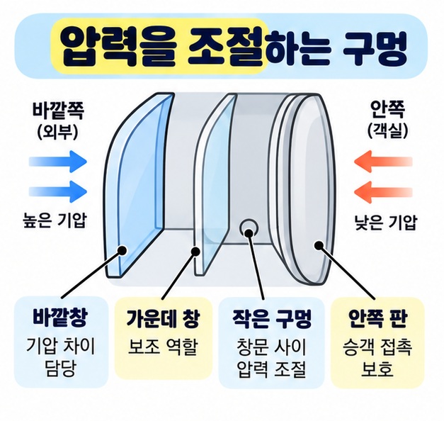 비행기 창문의 바깥창, 가운데 창, 안쪽 보호판과 작은 구멍의 역할을 구조별로 정리한 카드