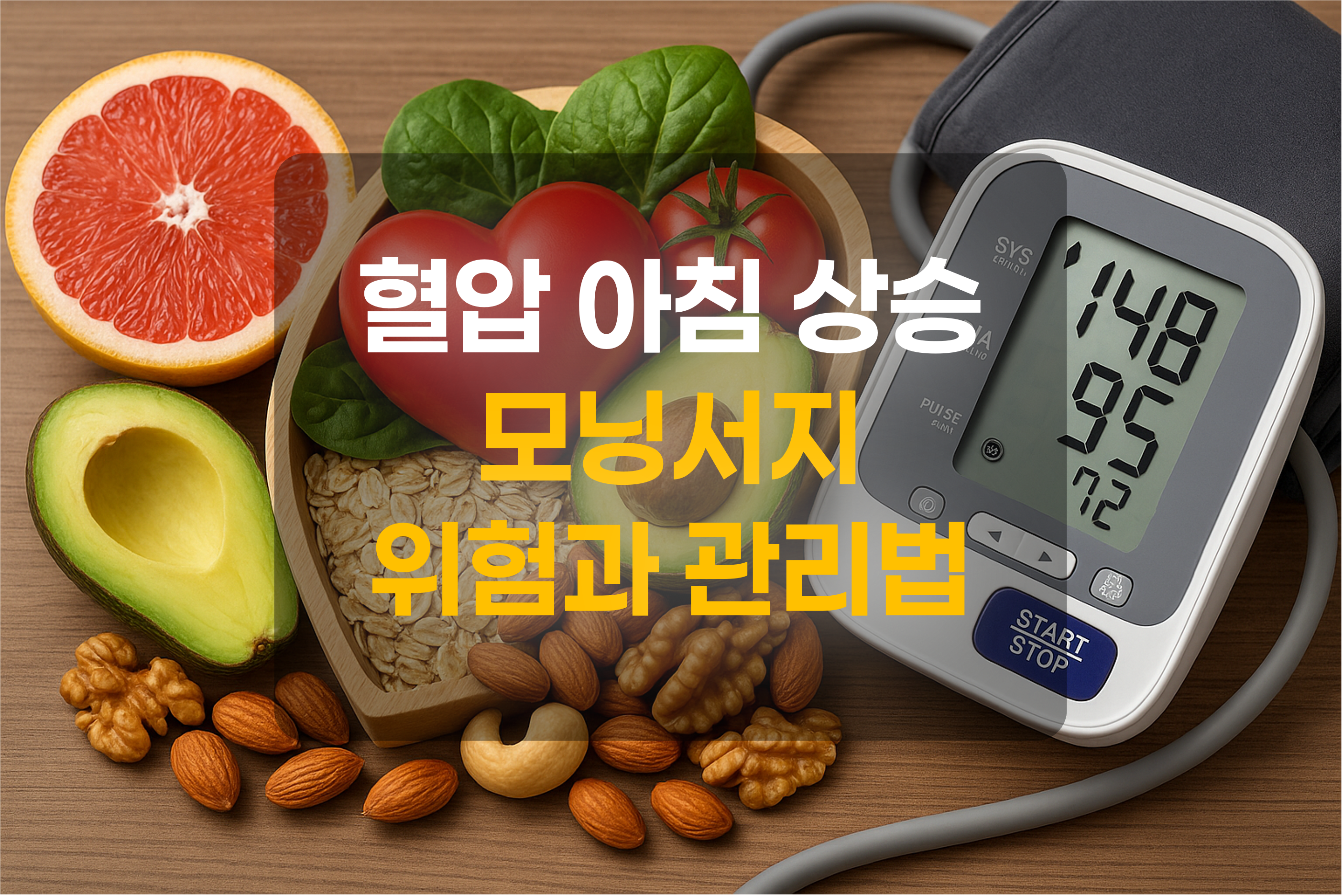 아침 혈압상승에 좋은 음식과 혈압계 그림
