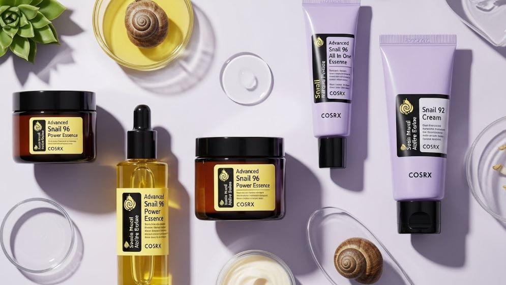 Advanced Snail 96 Mucin Power Essence와 Snail 92 All In One Cream을 포함한 다양한 COSRX 달팽이 제품의 고급 평면 이미지