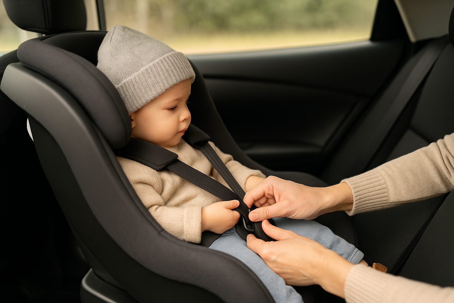 뒤보기 카시트에서 하네스 고정 점검 중인 모습