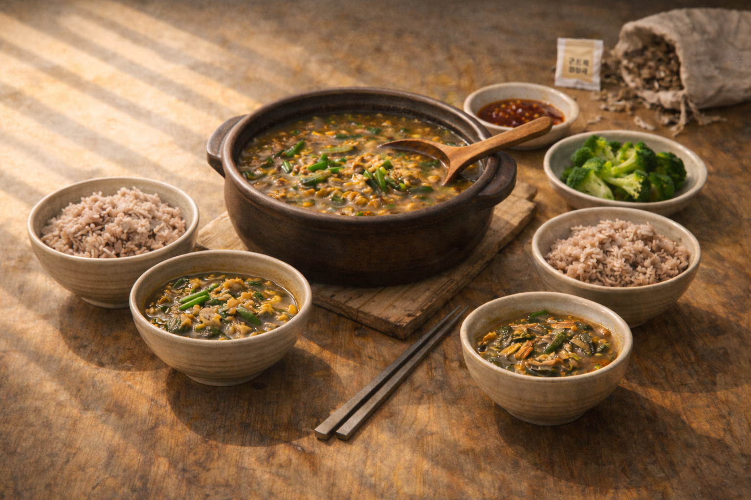 큰 뚝배기에 담긴 추어탕과 각자 나눠 담은 국그릇, 잡곡밥, 브로콜리 초고추장 무침이 함께 놓인 한국 가정식 식탁. 밑반찬으로 식사의 리듬을 완성한 &lsquo;Eat to Stay Alive&rsquo; 실천편 2의 한 끼 구성.&rdquo;