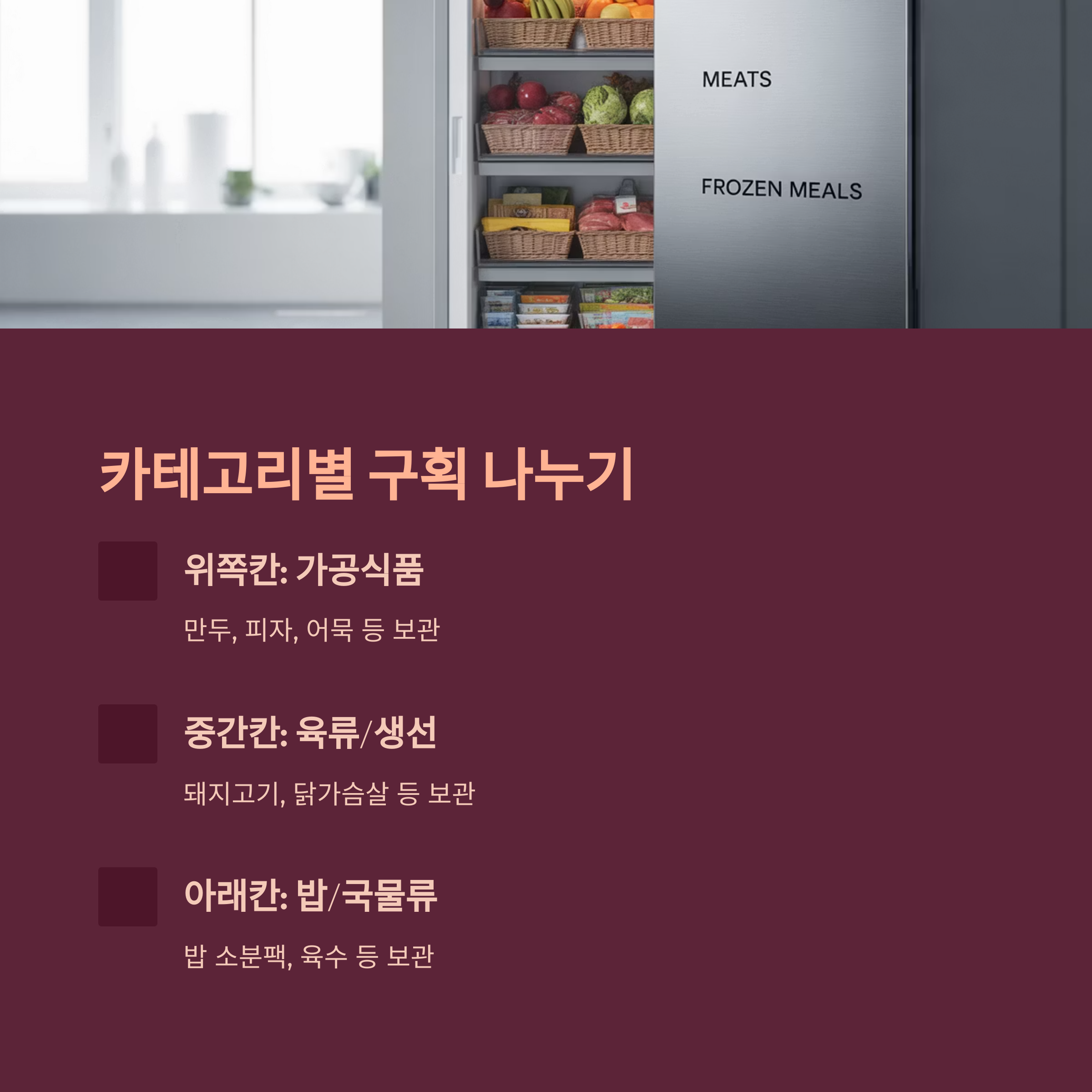 냉동실은 ‘카테고리별 구획 나누기’가 기본이에요