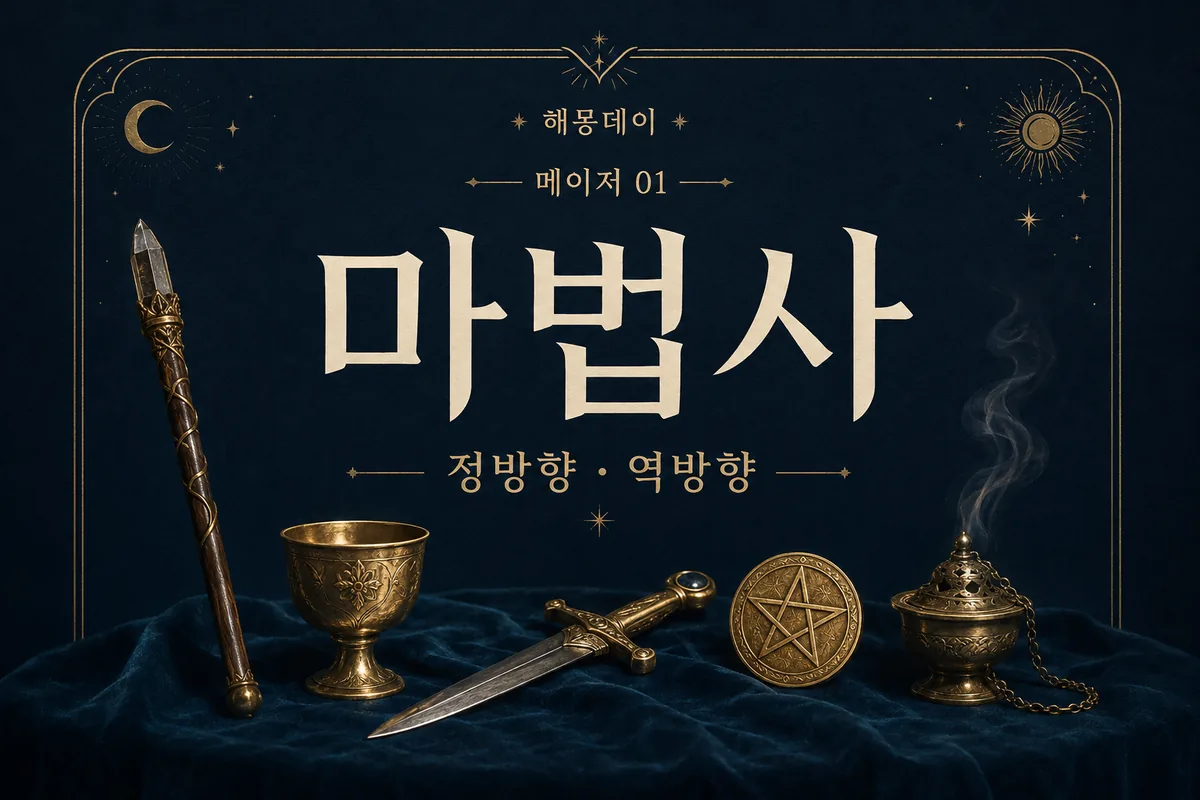 해몽데이 메이저 01, 마법사 정방향·역방향 문구와 카드 상징을 표현한 AI 썸네일